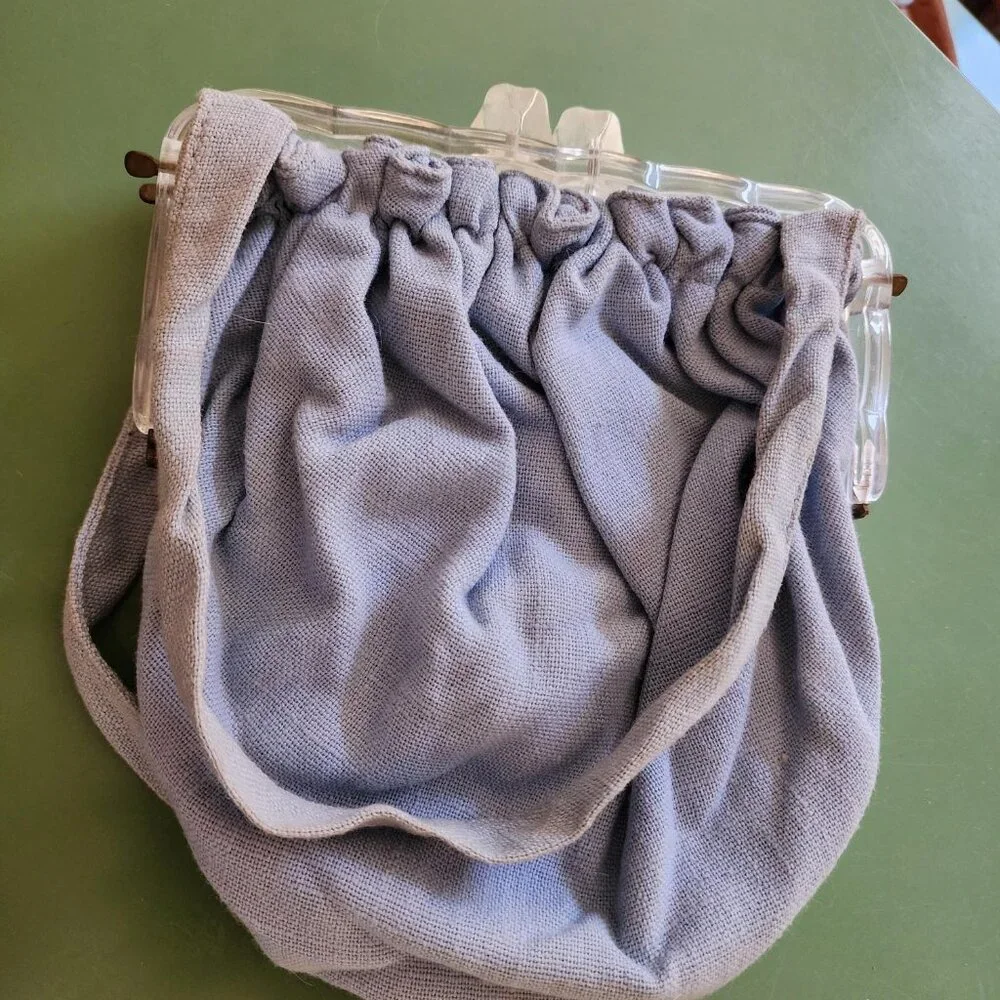 Vintage 1940s Lucite Frame Purse Pale Blue Linen | Art Deco Pouch Bag